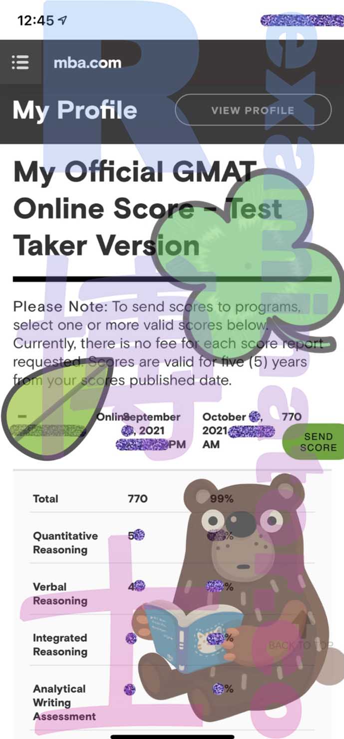 J'ai obtenu un score de 770 !!! Il y avait un bug sur le site officiel du MBA. Cela a pris beaucoup de temps après l’examen pour voir les résultats. 😥
