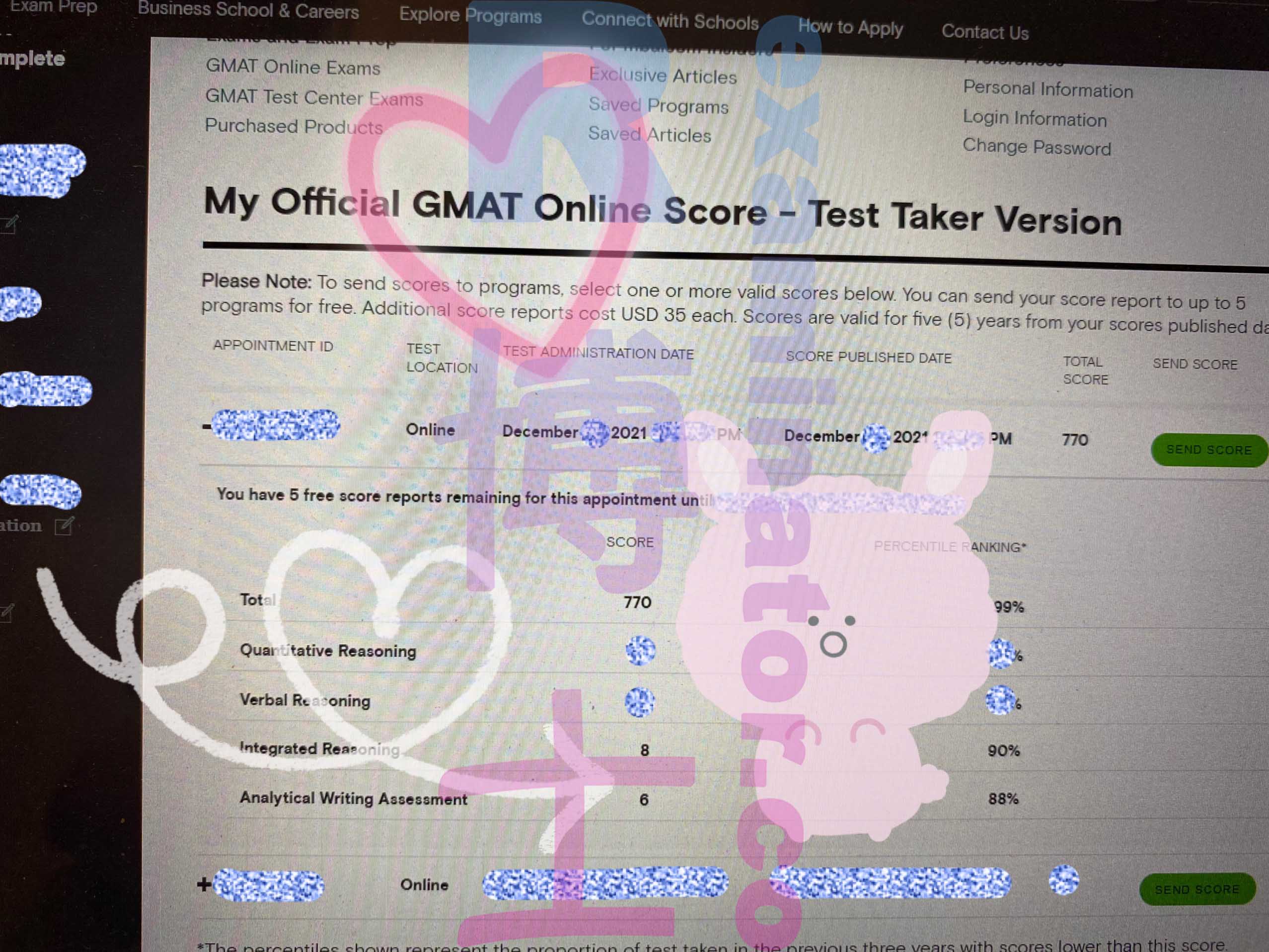 770 au GMAT en ligne. SCORES PARFAITS pour IR et AWA !
