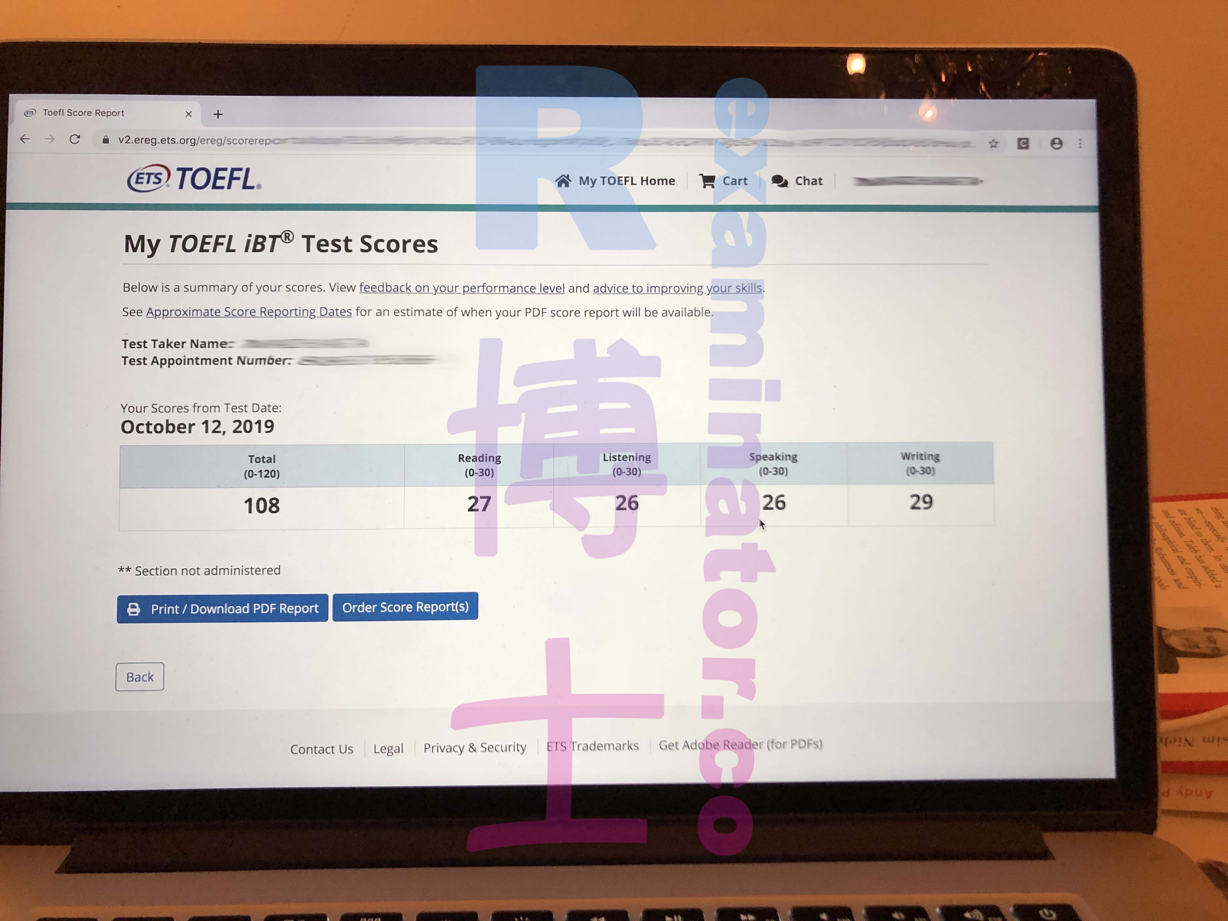 Punteggio del test TOEFL proxy di 108 il 12/10/2019
