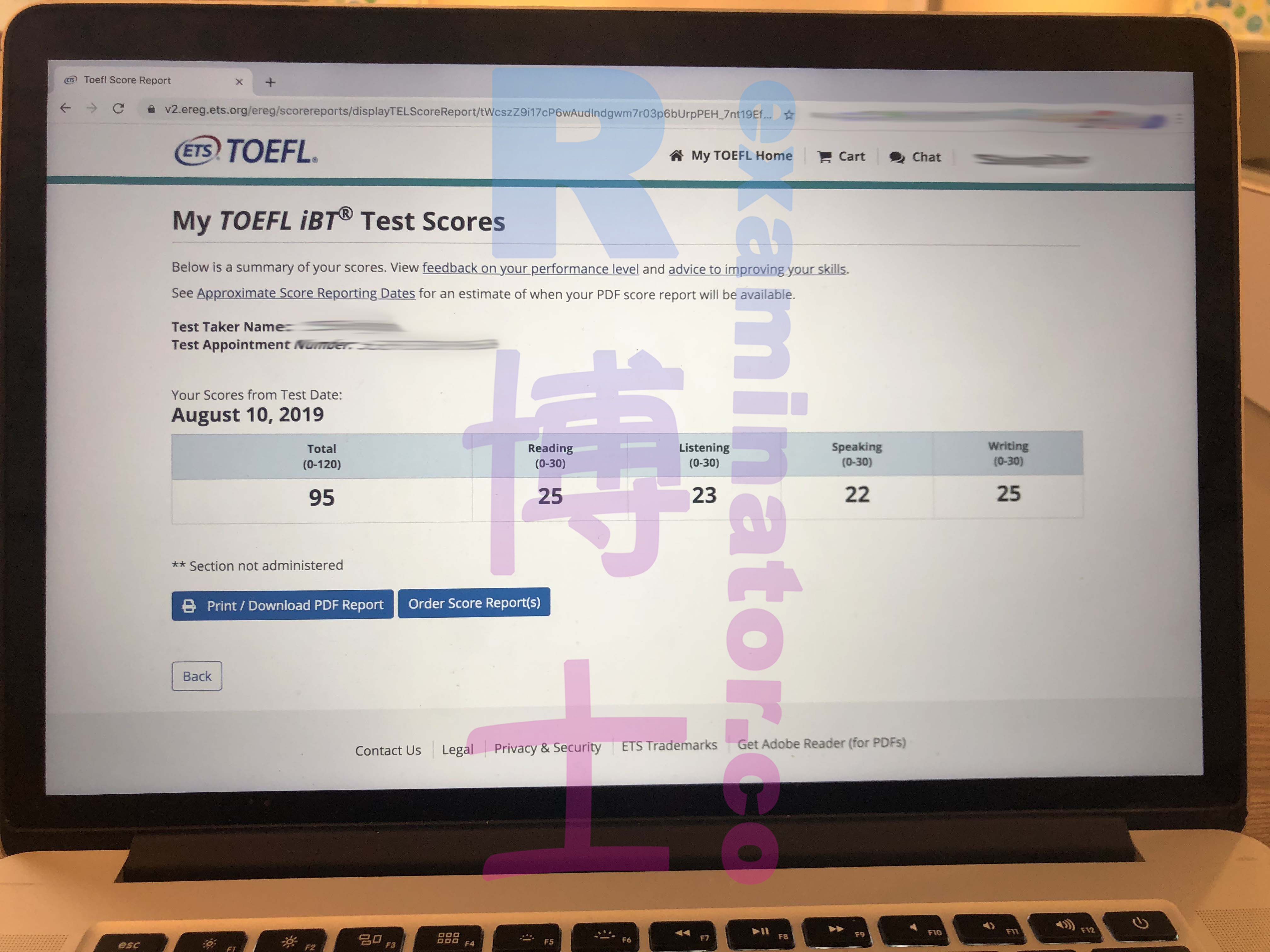 Score substitut de l'examen TOEFL : 95 points le 2019.08.10
