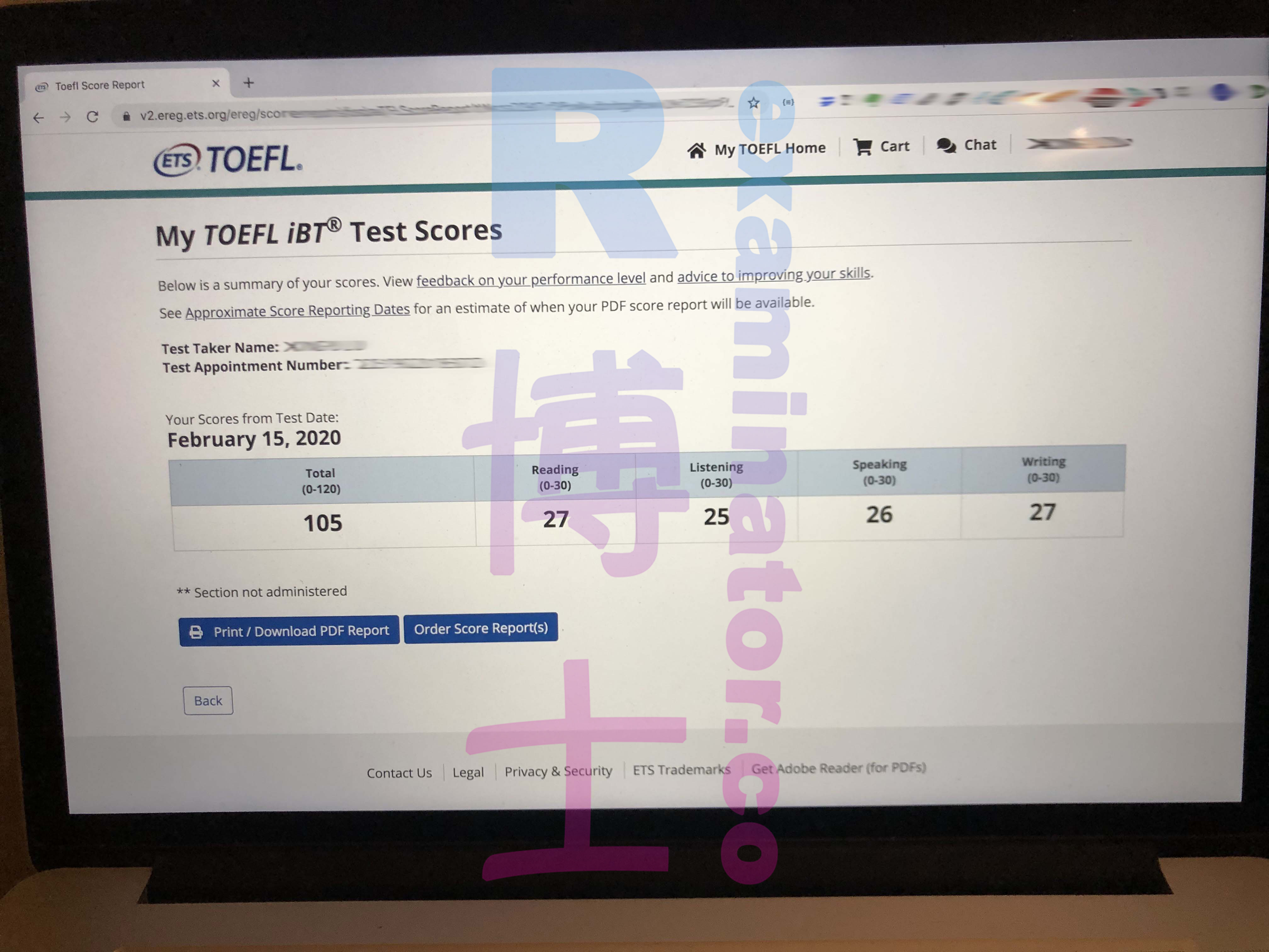 Esame TOEFL con un sostituto, punteggio 105, il 15 febbraio 2020.
