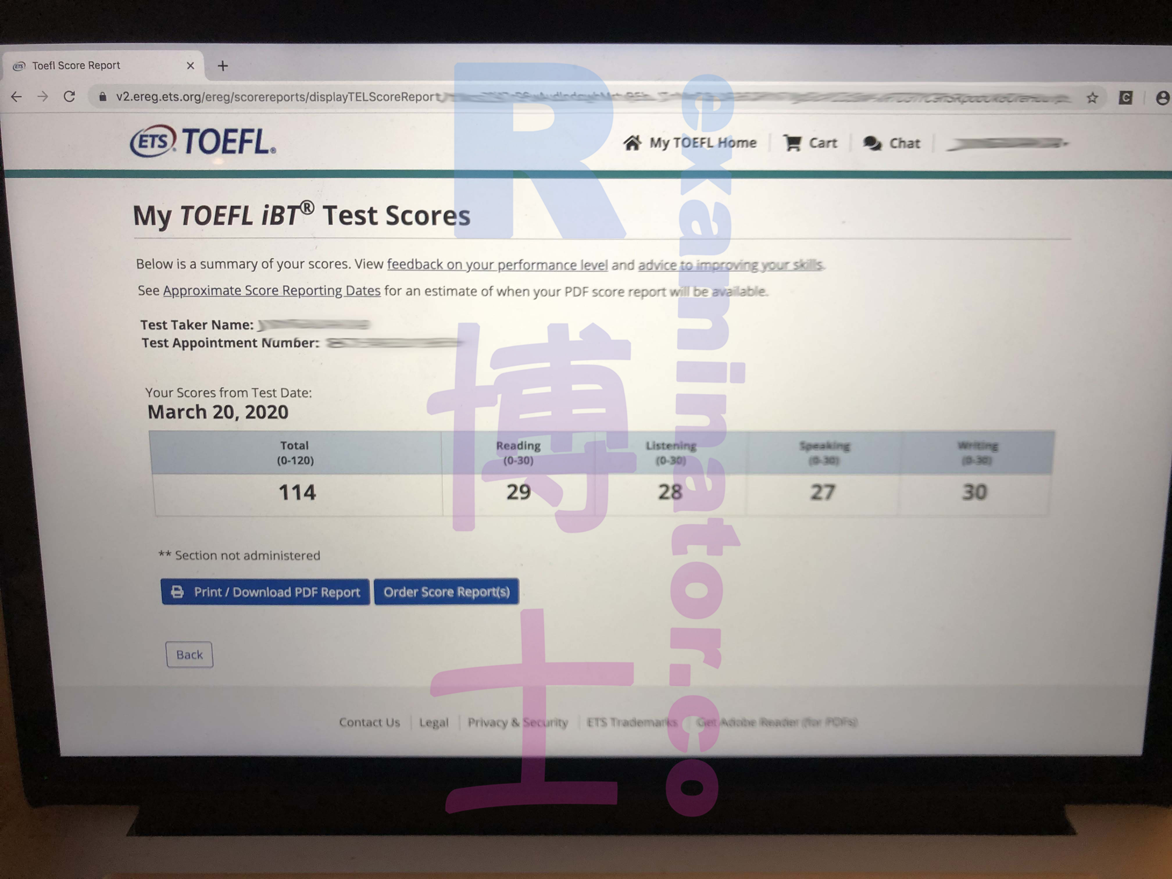 20 marzo 2020 Test TOEFL Proxy 114 punti
