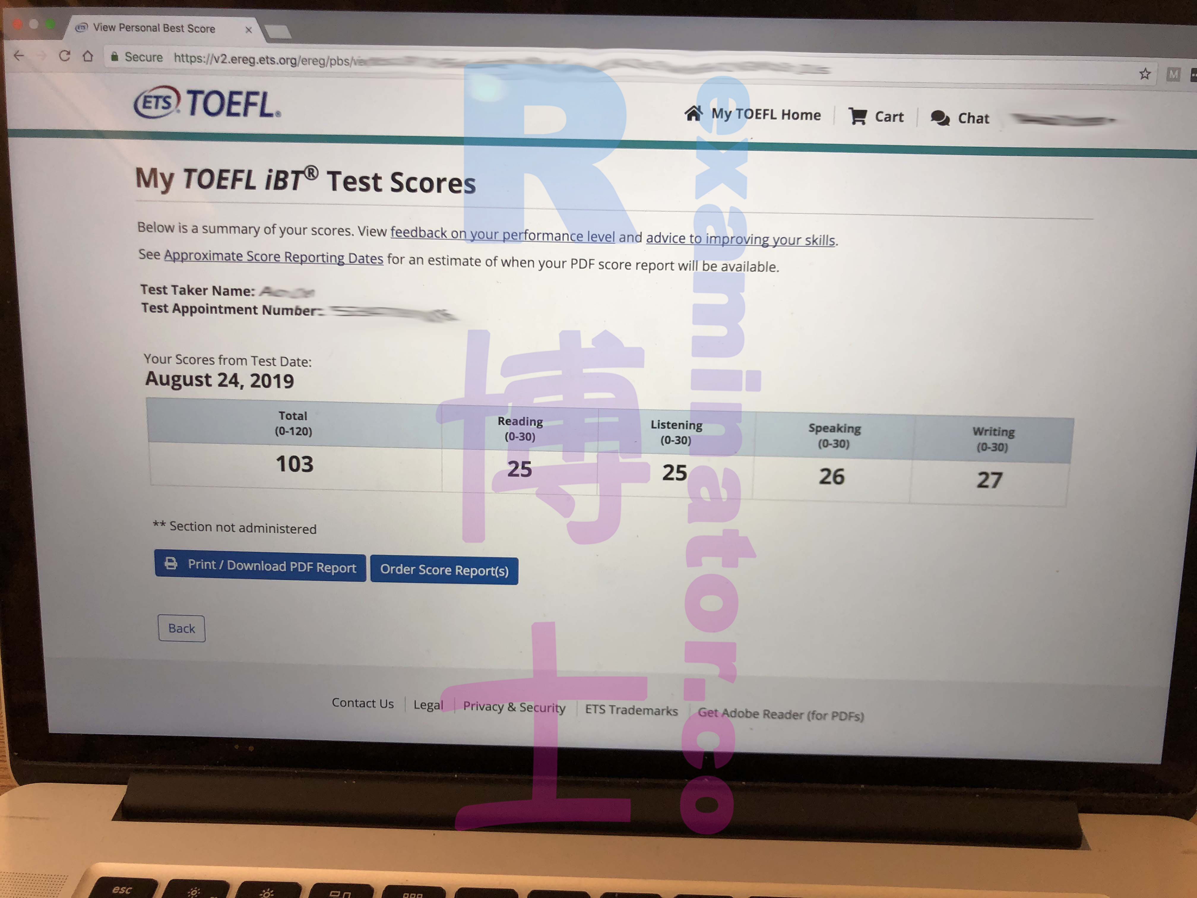 Score de test proxy TOEFL du 24 août 2019 : 103
