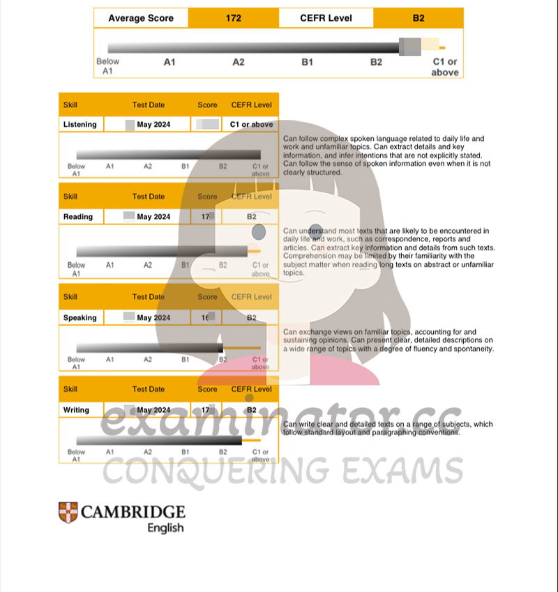 Cliente ottiene un punteggio di 172 al test di inglese Cambridge Linguaskill tramite un servizio di test per delega, equivalente al livello B2 della scala CEFR.
