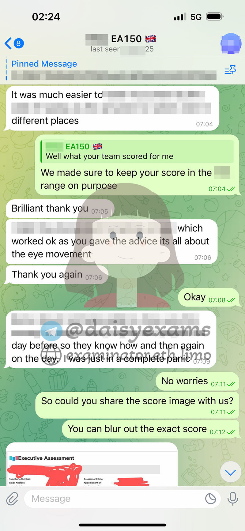 screenshot of chat logs for GMAT Cheating success story #703