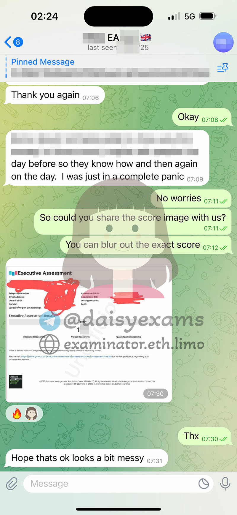 screenshot of chat logs for GMAT Cheating success story #703