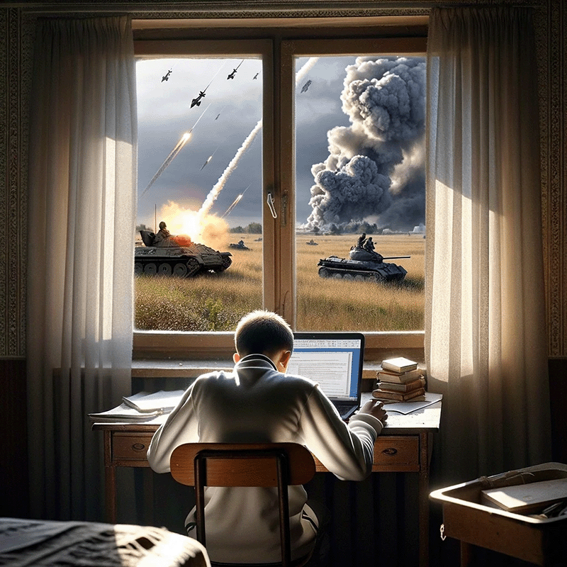 Here is the image depicting a student in Ukraine, focused on their online test amidst the backdrop of war. The setting shows the resilience and perseverance of the student in a challenging environment.