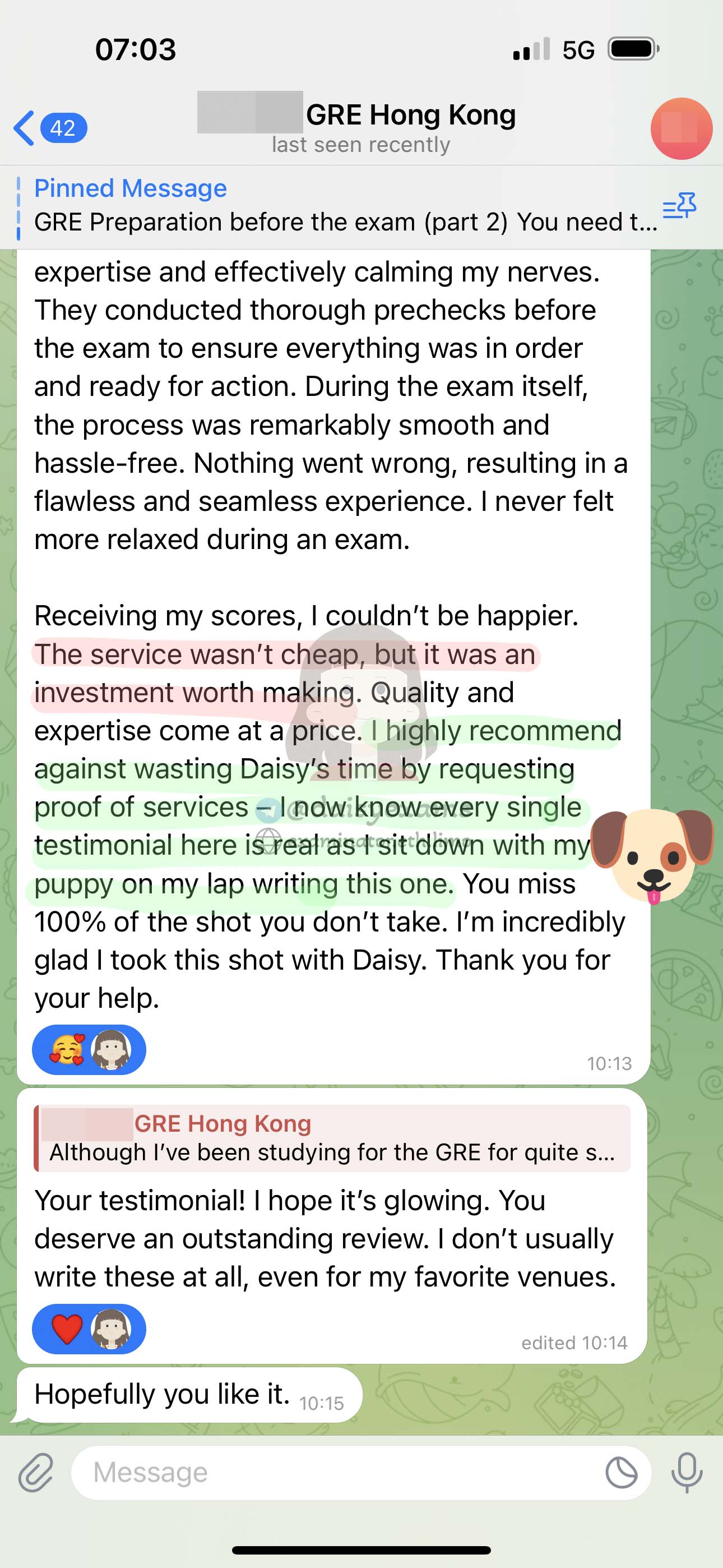 screenshot of chat logs for GRE Cheating success story #677
