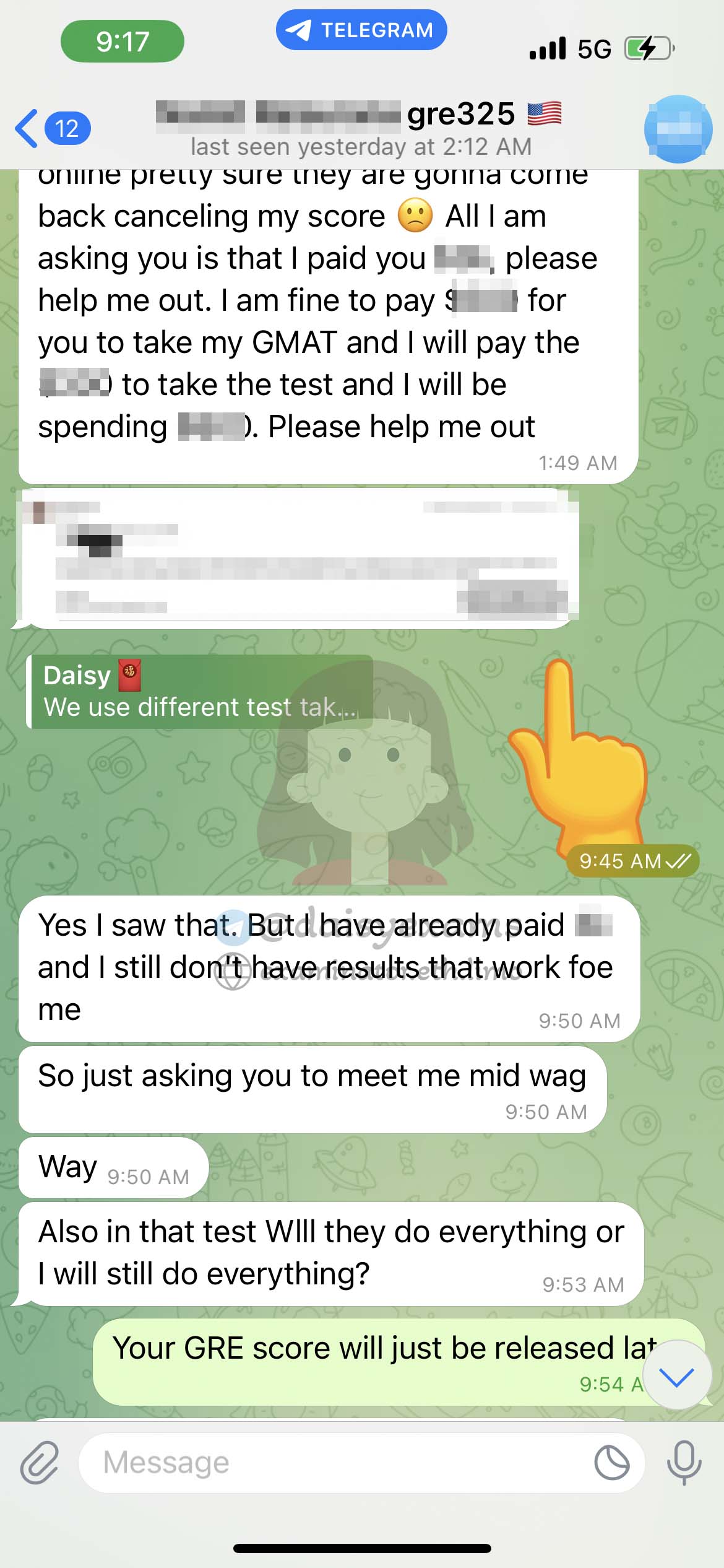 GRE代考保分成功案例#692的与客户对话截图