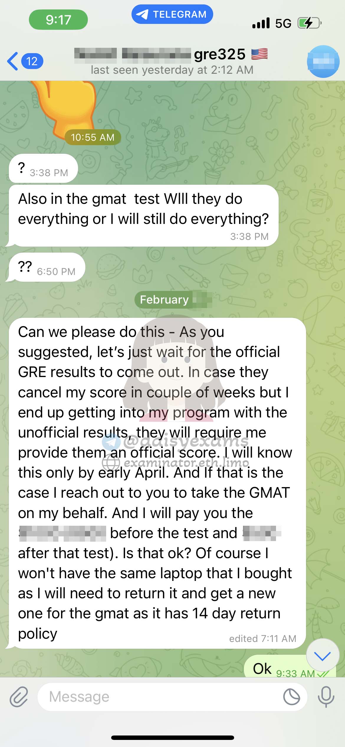 GRE代考保分成功案例#692的与客户对话截图