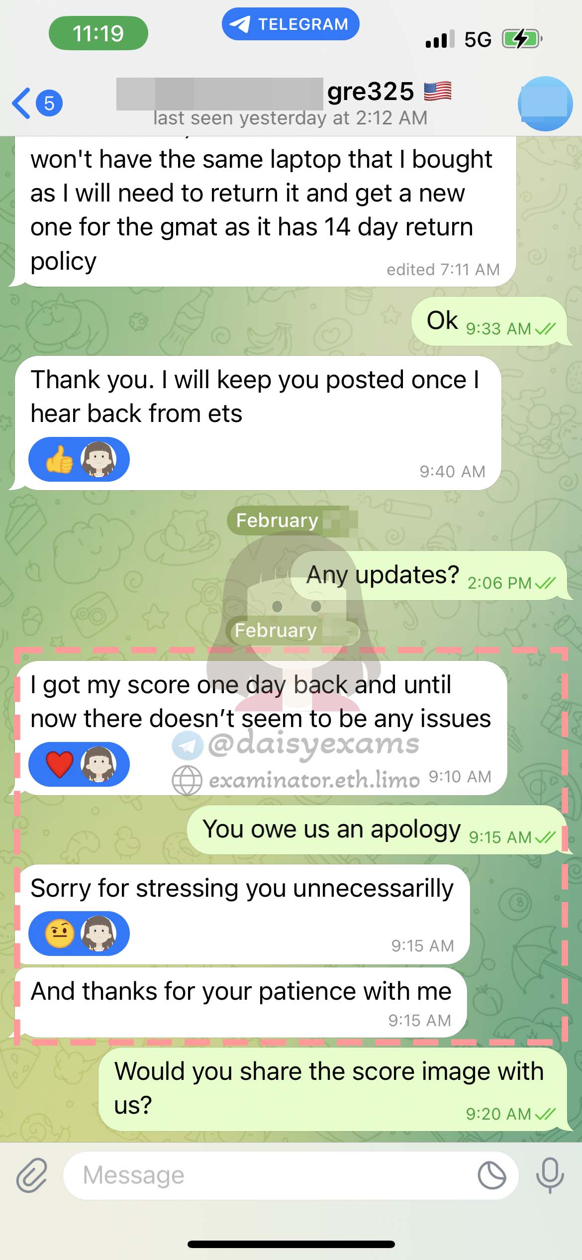 GRE代考保分成功案例#692的与客户对话截图