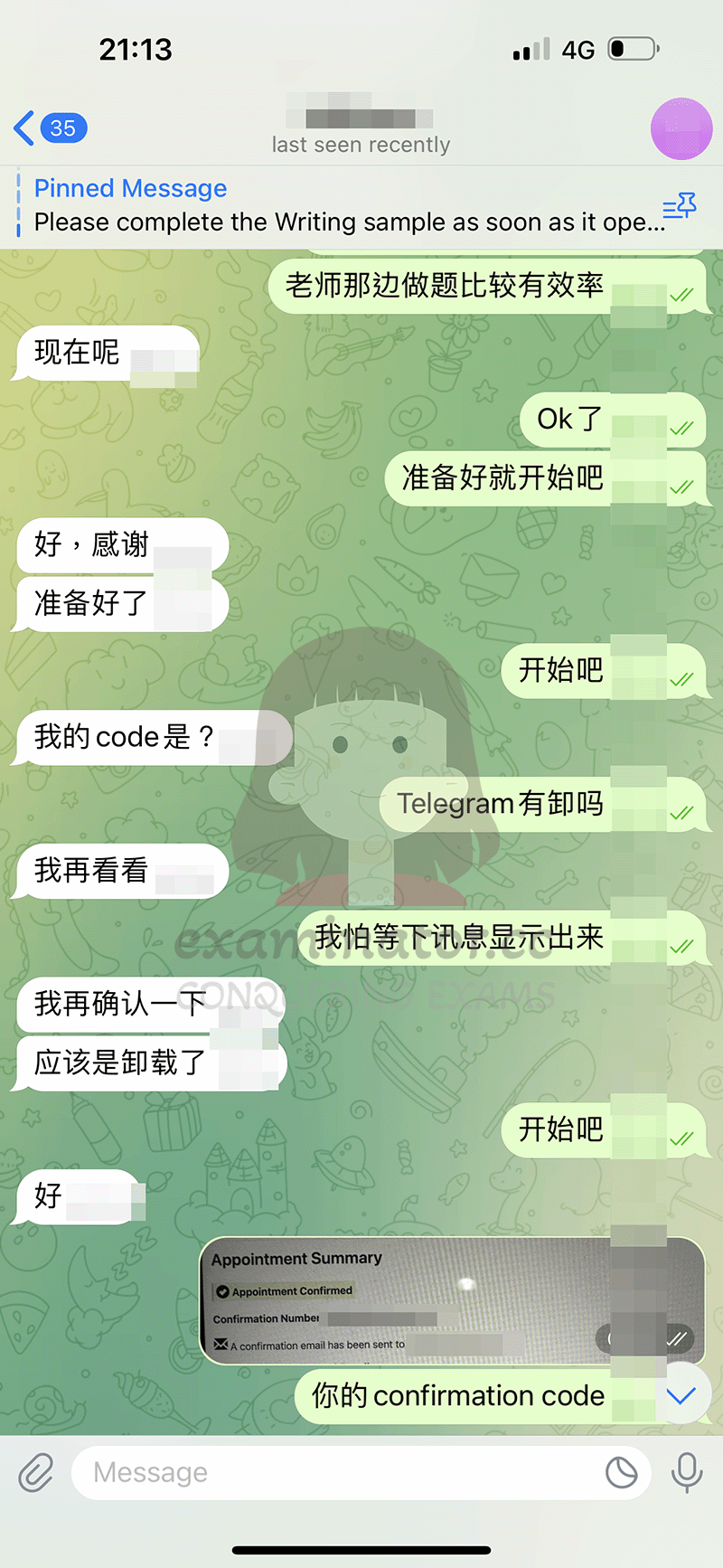 screenshot of chat logs for LSAT Cheating success story #656