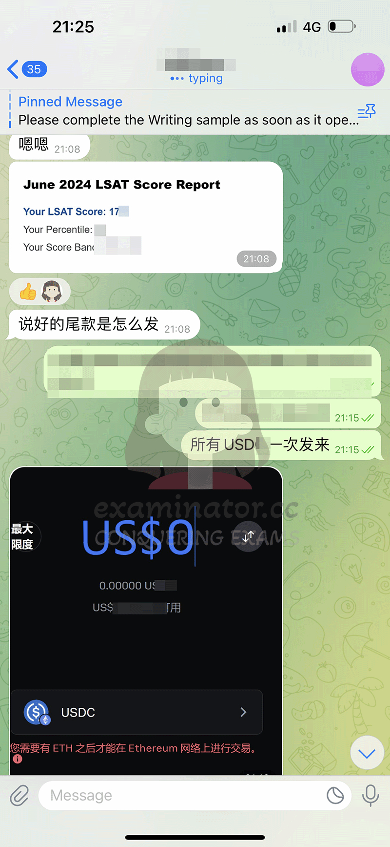 screenshot of chat logs for LSAT Cheating success story #656