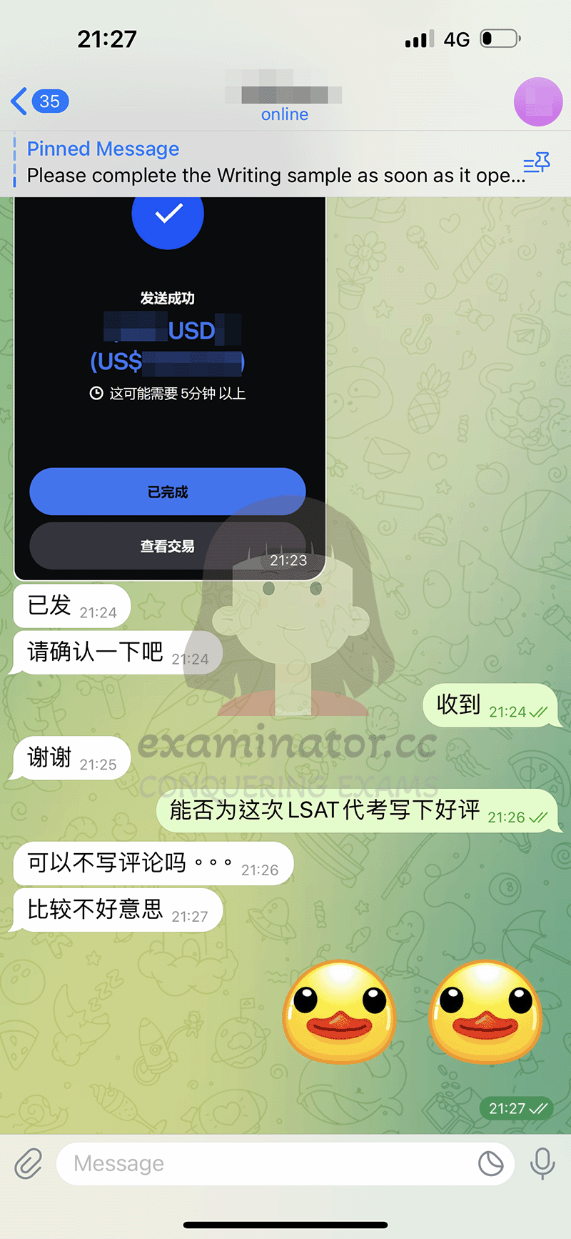 screenshot of chat logs for LSAT Cheating success story #656