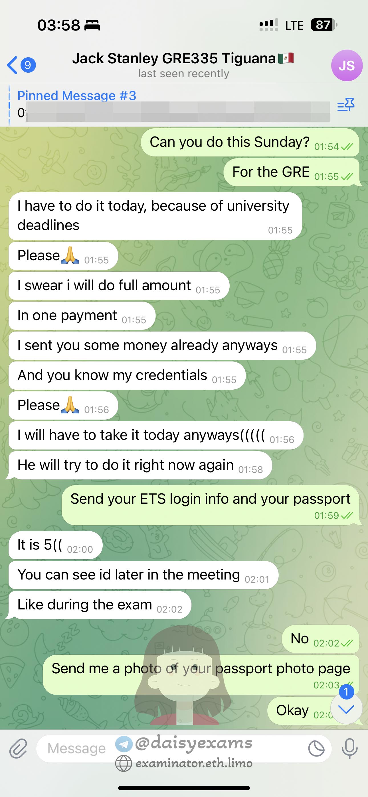 GRE代考保分成功案例#707的与客户对话截图