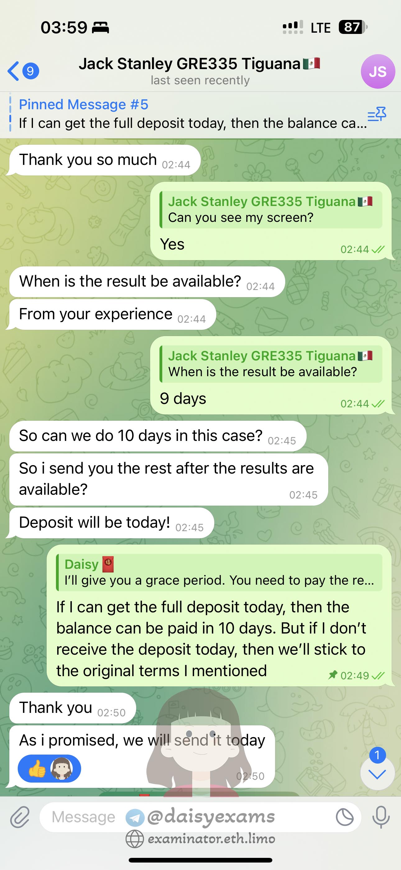 GRE代考保分成功案例#707的与客户对话截图