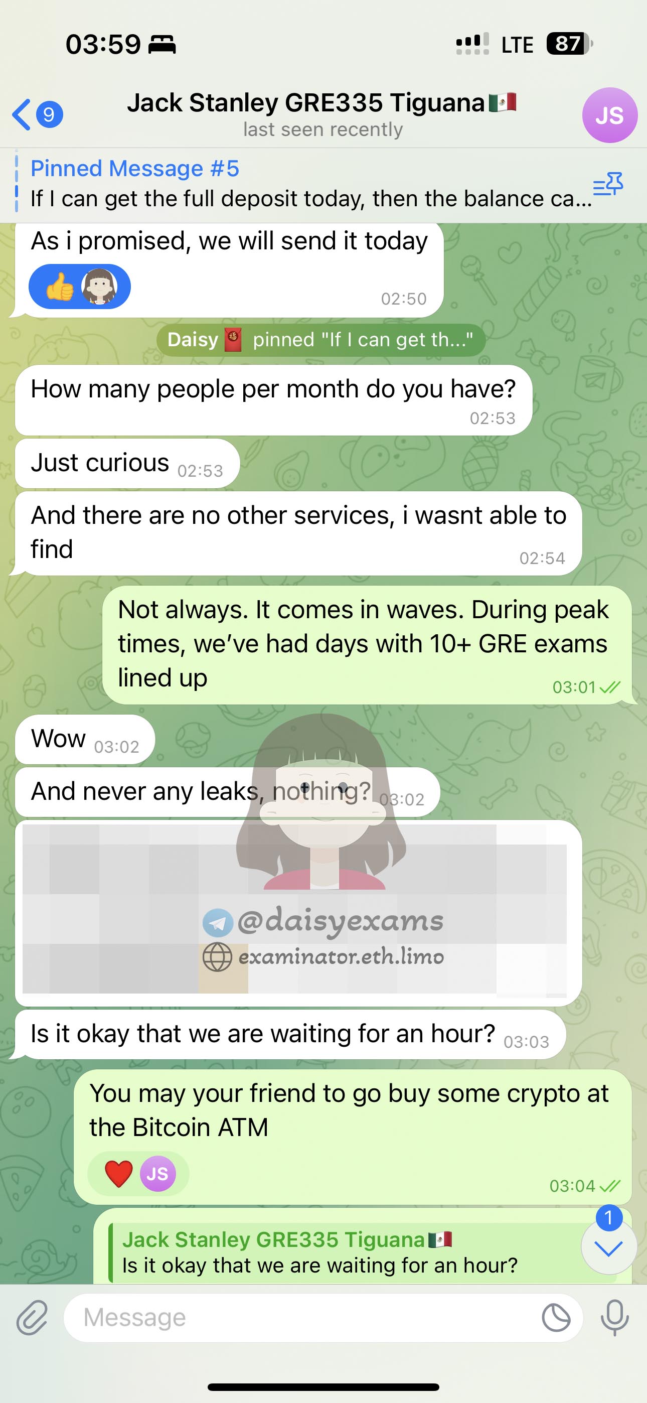 GRE代考保分成功案例#707的与客户对话截图