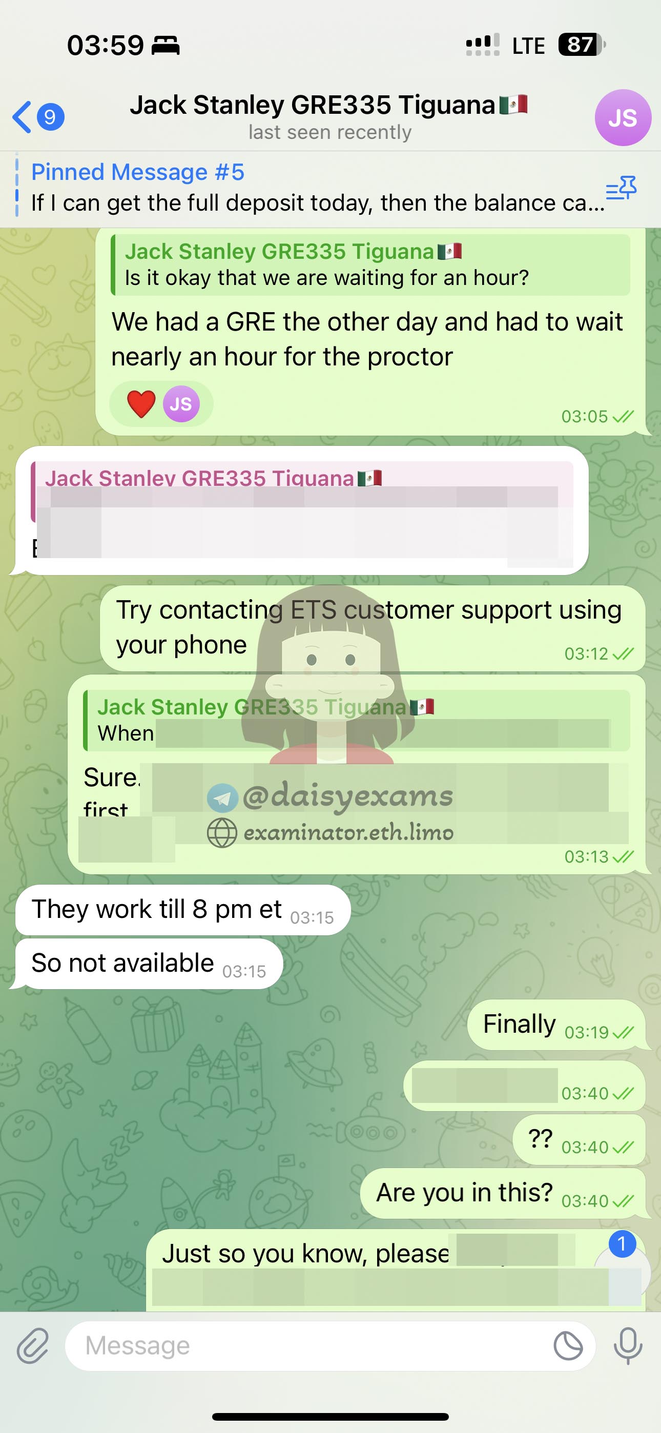 GRE代考保分成功案例#707的与客户对话截图