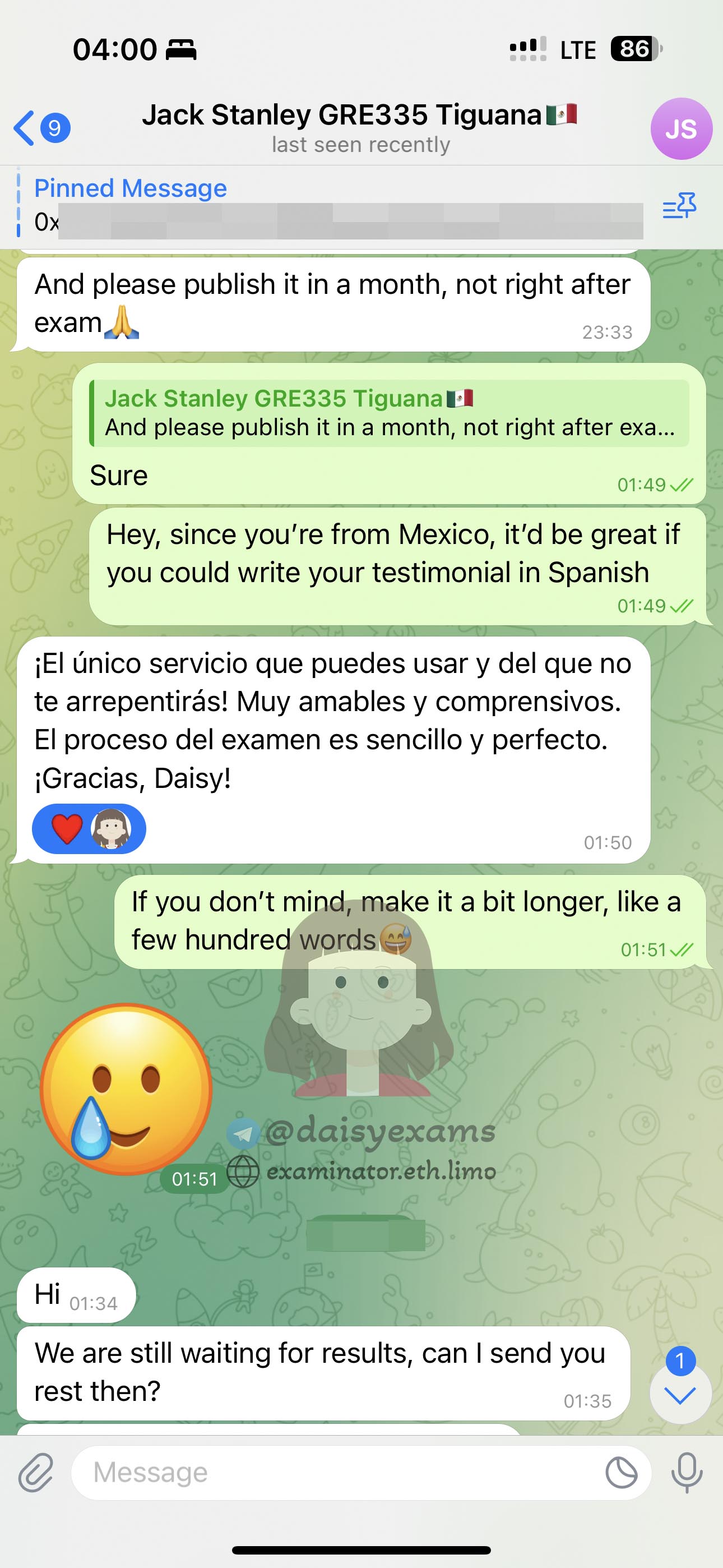 GRE代考保分成功案例#707的与客户对话截图