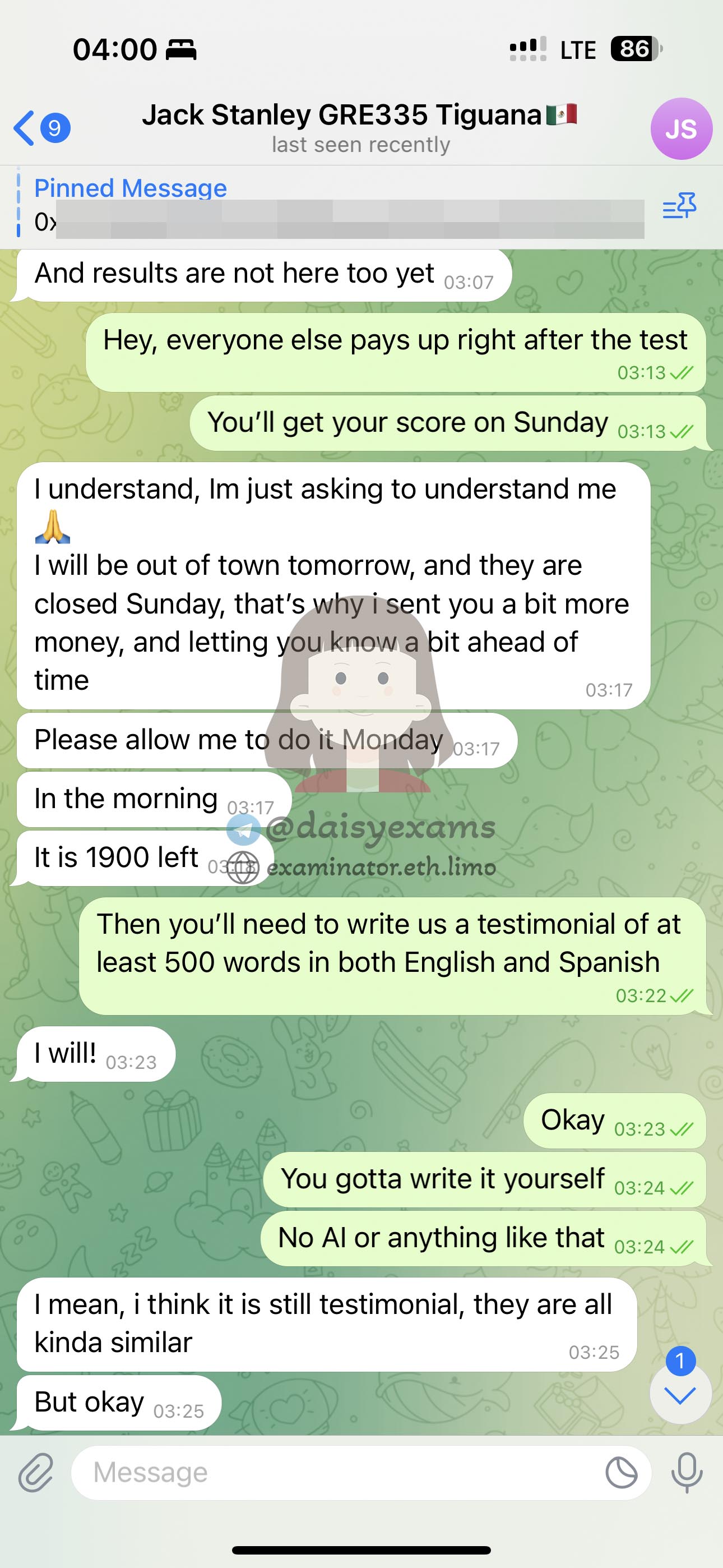 GRE代考保分成功案例#707的与客户对话截图