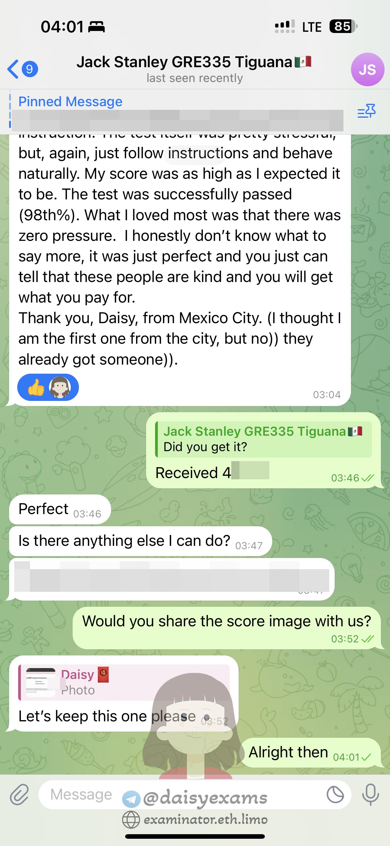 GRE代考保分成功案例#707的与客户对话截图