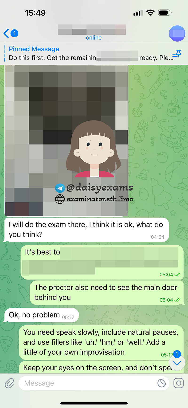 screenshot of chat logs for [TOEFLのカンニングサービス] success story #426