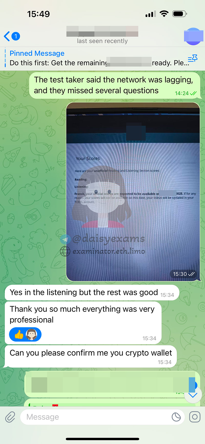 screenshot of chat logs for [TOEFLのカンニングサービス] success story #426