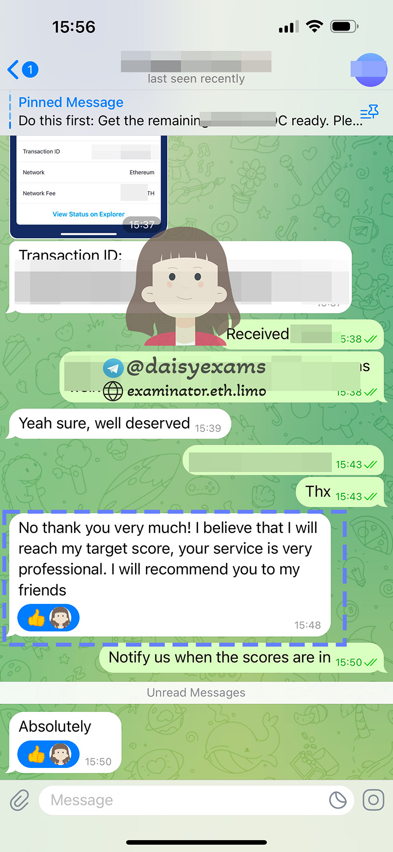screenshot of chat logs for [TOEFLのカンニングサービス] success story #426