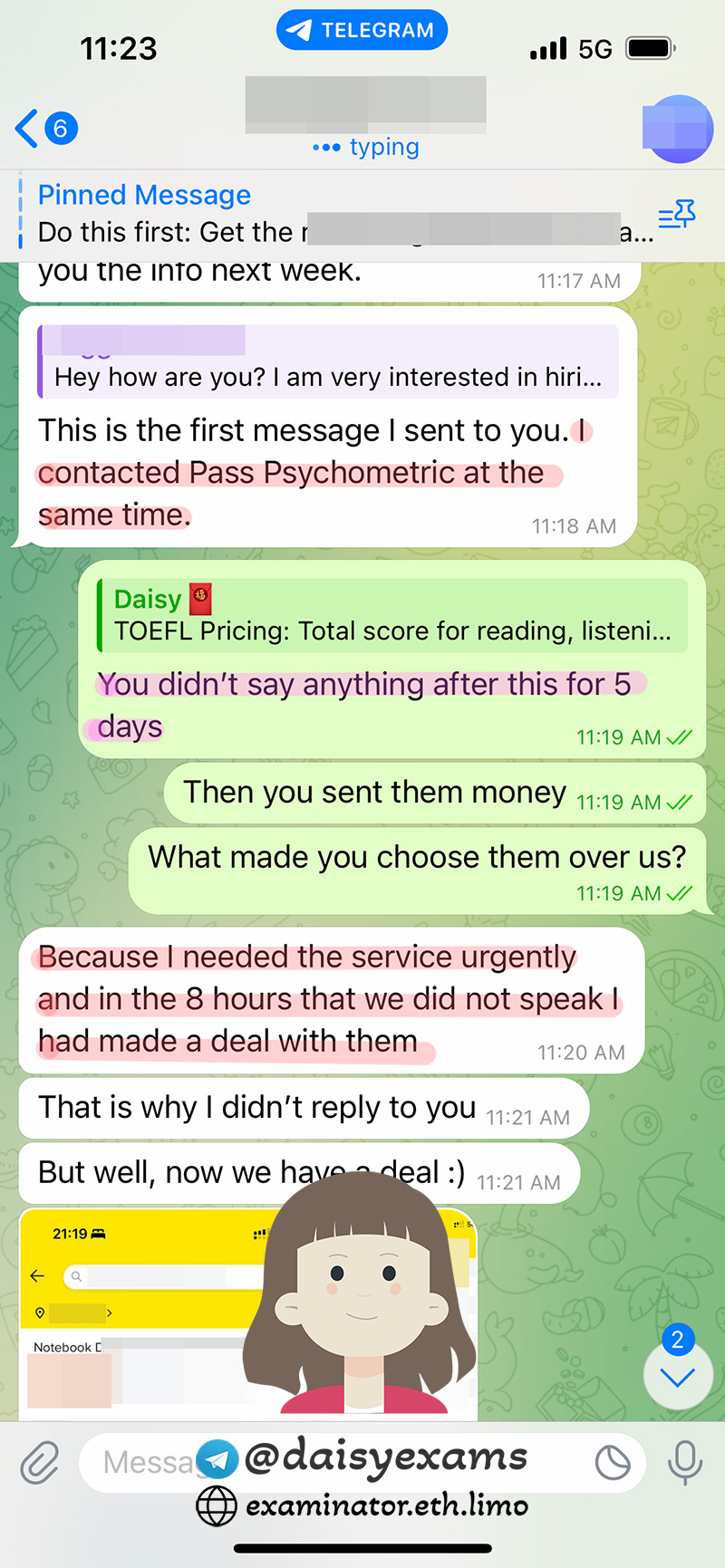 screenshot of chat logs for [TOEFLのカンニングサービス] success story #426
