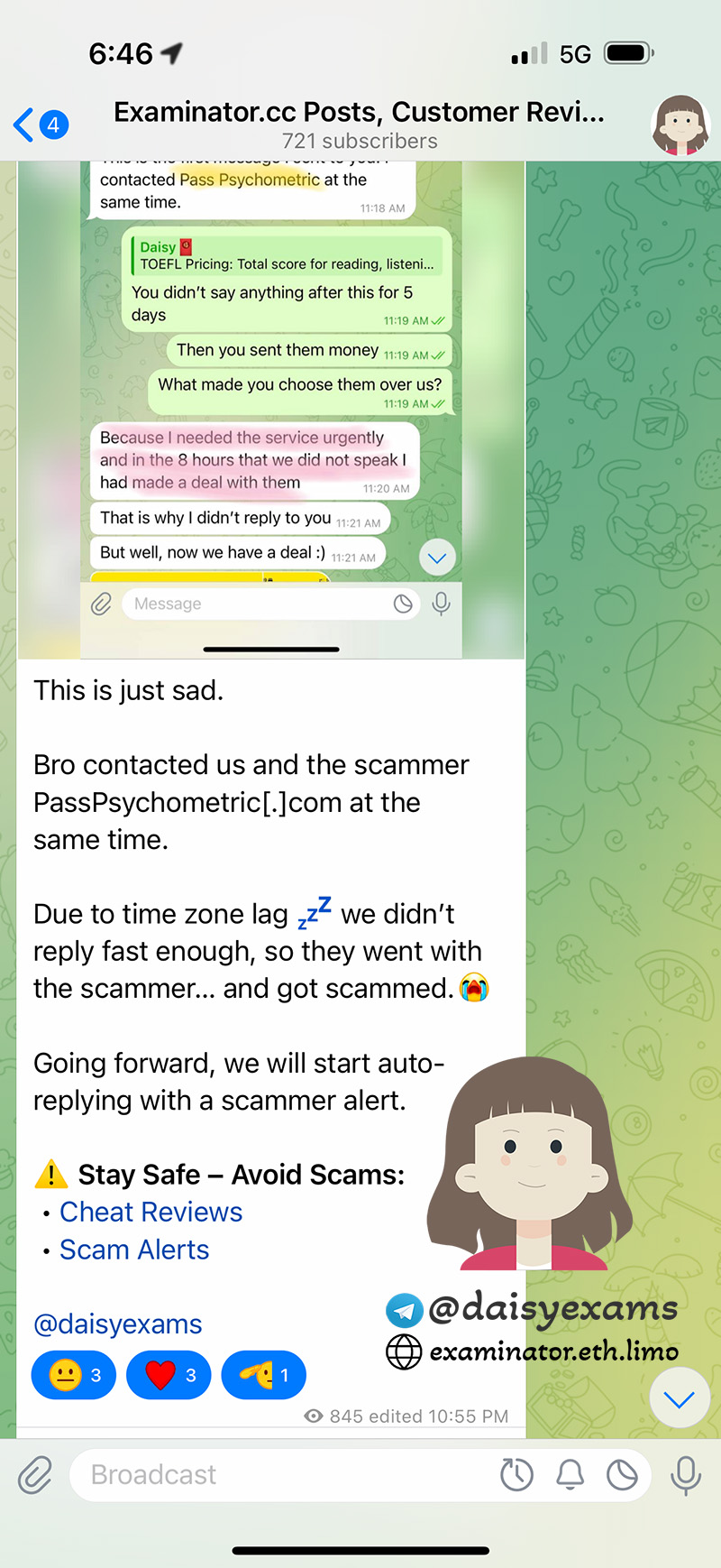 screenshot of chat logs for [TOEFLのカンニングサービス] success story #426