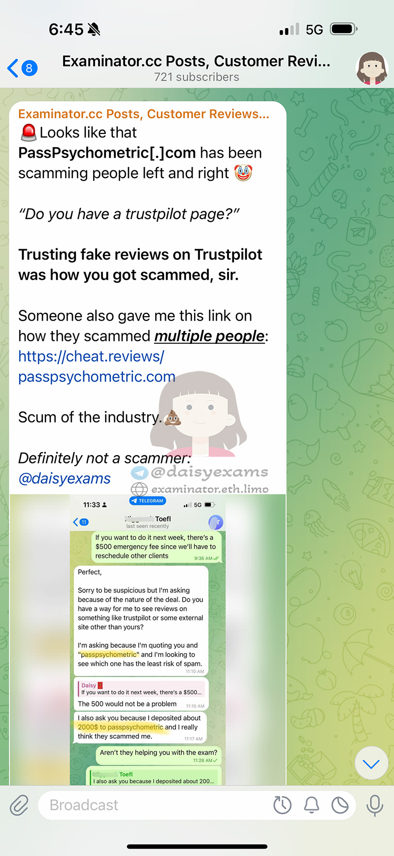 screenshot of chat logs for [TOEFLのカンニングサービス] success story #426