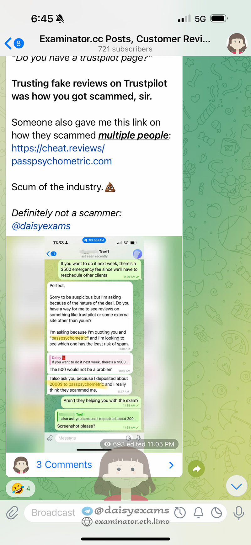 screenshot of chat logs for [TOEFLのカンニングサービス] success story #426