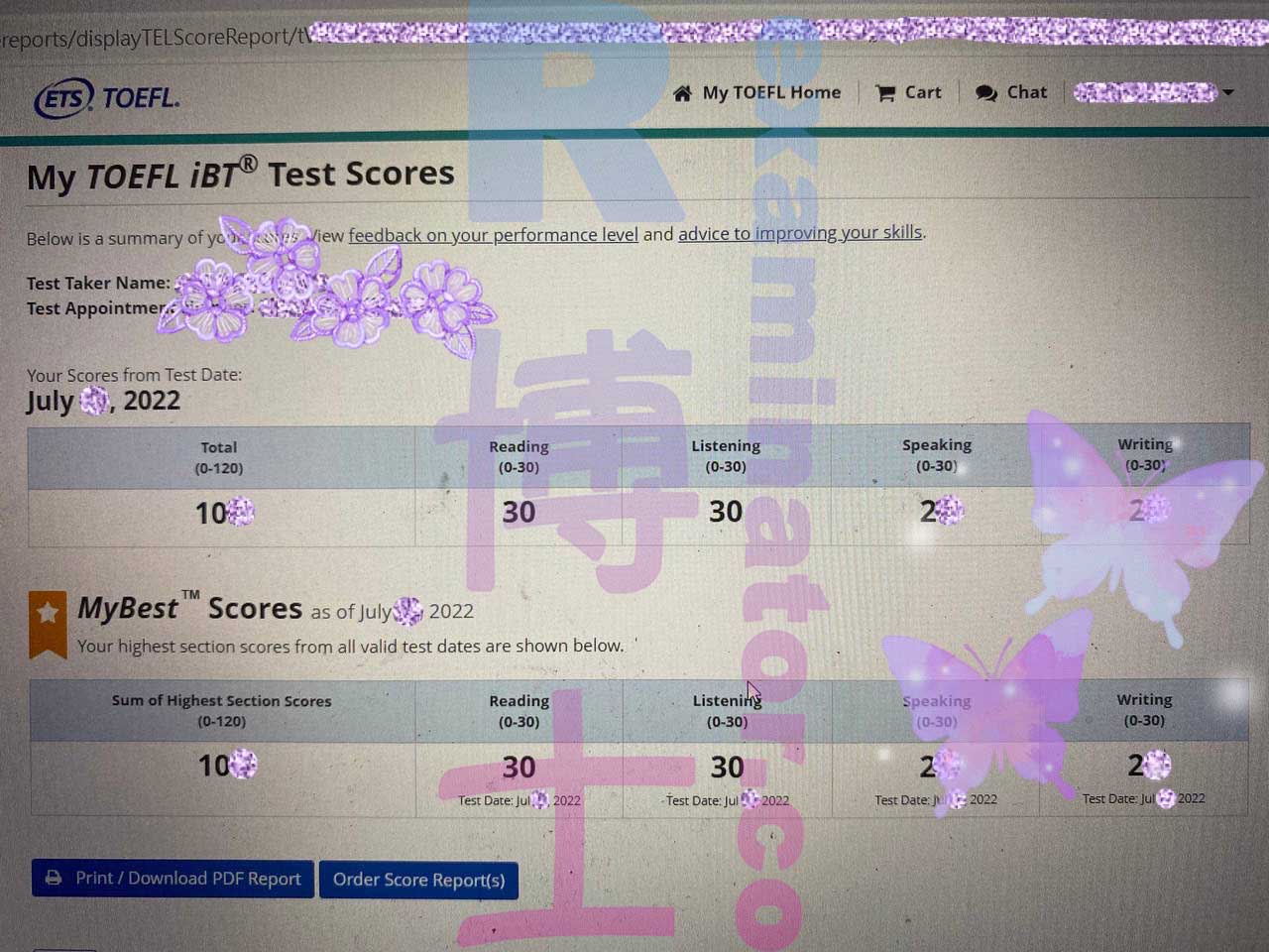 Scores officiels du TOEFL reçus ! Double 30 en lecture et en écoute ! Le client taïwanais a tapé très lentement et a loupé de grandes portions des rédactions. Sinon, le score en écriture aurait été beaucoup plus élevé. Elle aura besoin d'aide pour son SAT ensuite 😎
