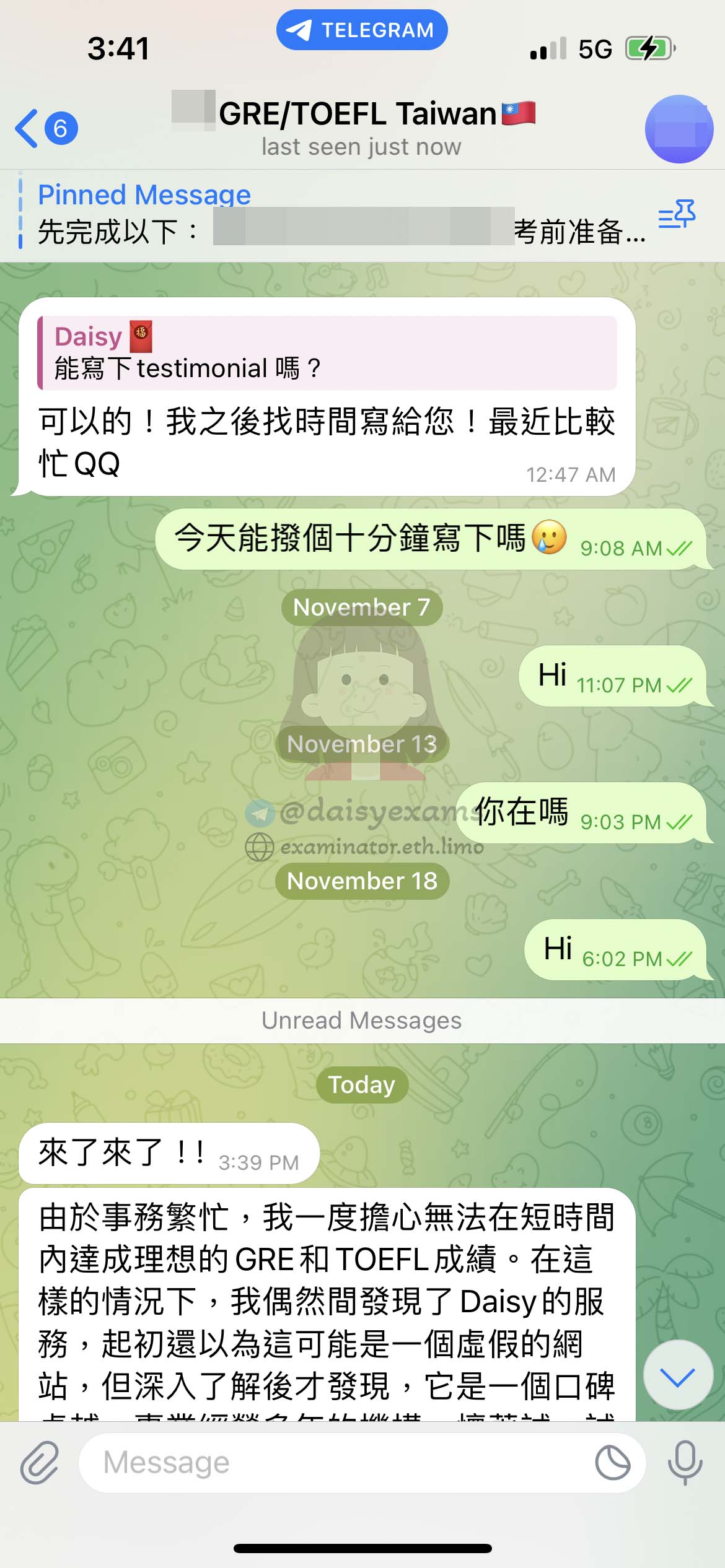 screenshot of chat logs for GRE Cheating success story #684