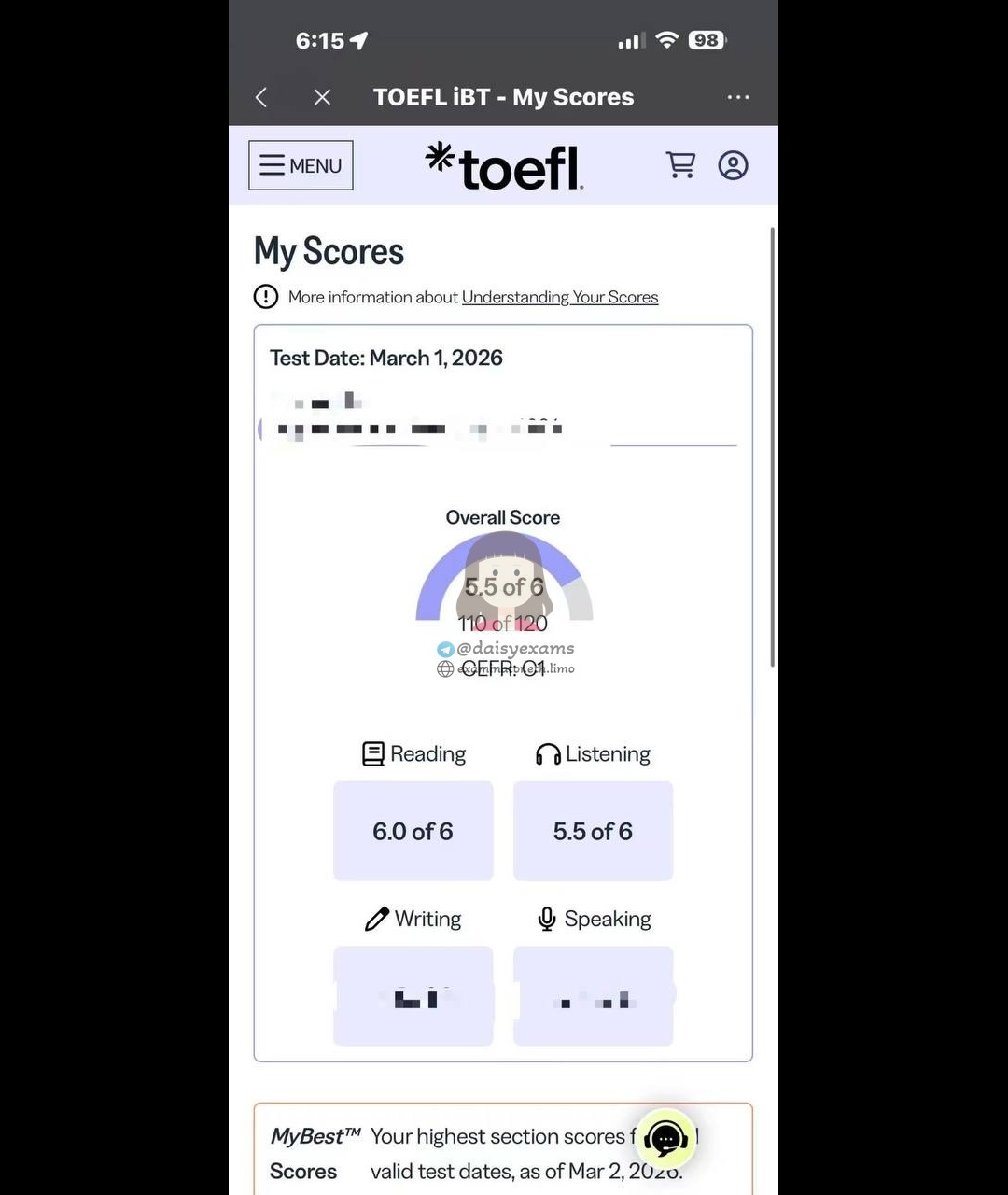 새로운 형식의 최근 TOEFL iBT 점수: 6점 척도 + CEFR (여전히 120점으로 매핑됨)